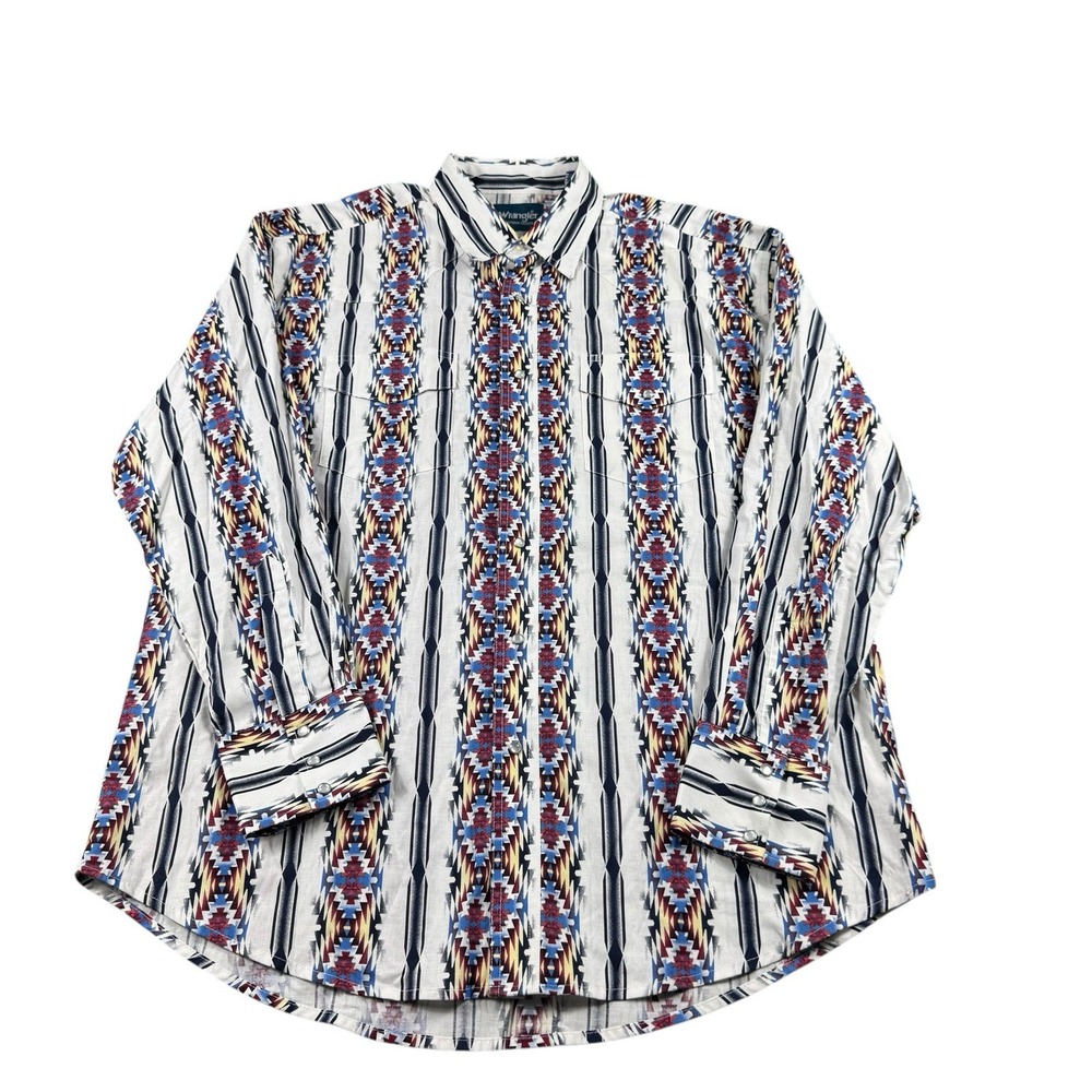 Wrangler Mens Native Print Western Pearl Snap Shirt Blue Red White XL 112314882